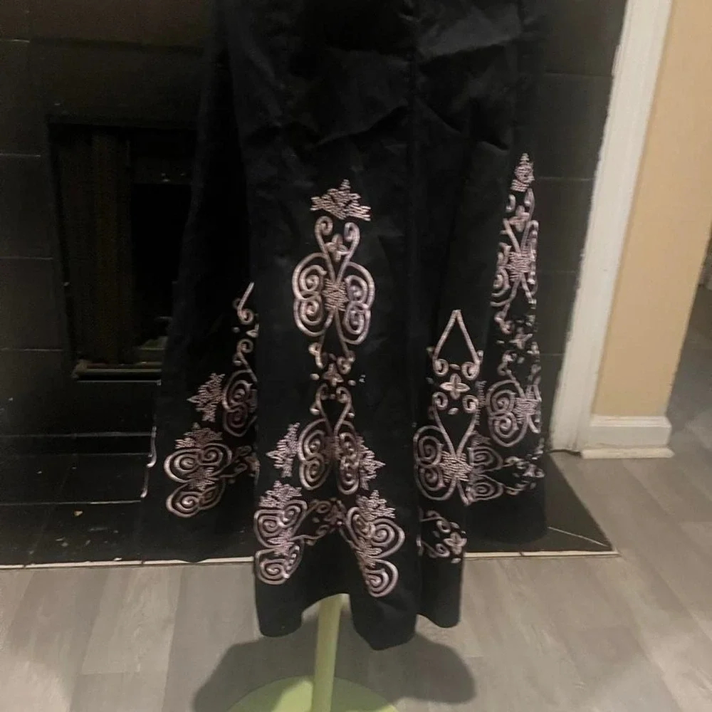 Black maxi skirt with white floral and scrollwork embroidery Coquette